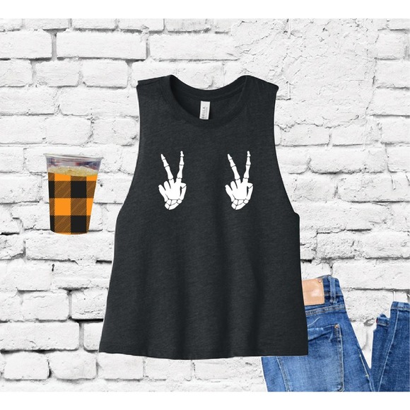 Peace Skull Hands Halloween Racerback Cropped Tank - Picture 1 of 7